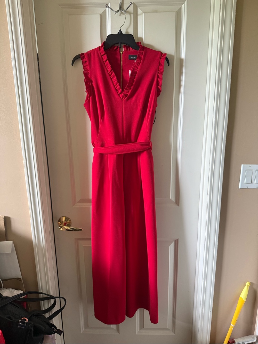 Andrew Marc Red Sleeveless Ruffle-Trim Jumpsuit